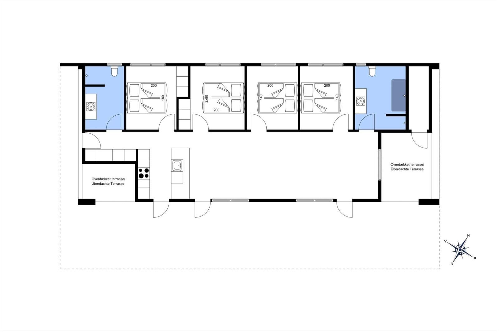 Floor plan with four bedrooms, kitchen, and covered terrace.