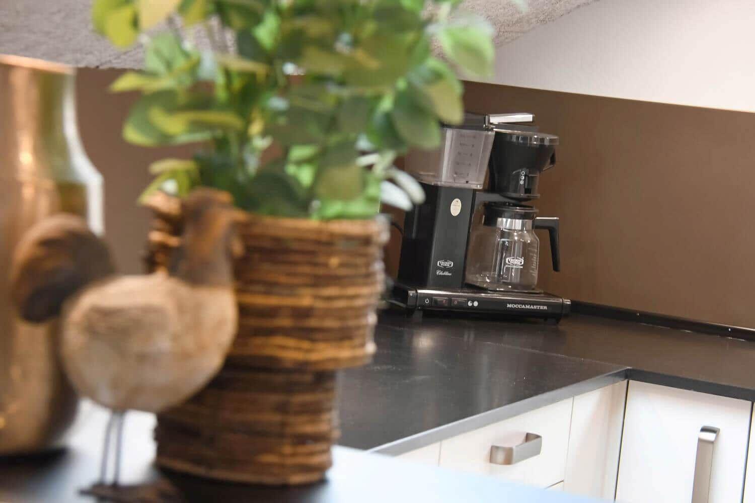 Küchenarbeitsplatte mit Kaffeemaschine und Pflanze in Korb.
