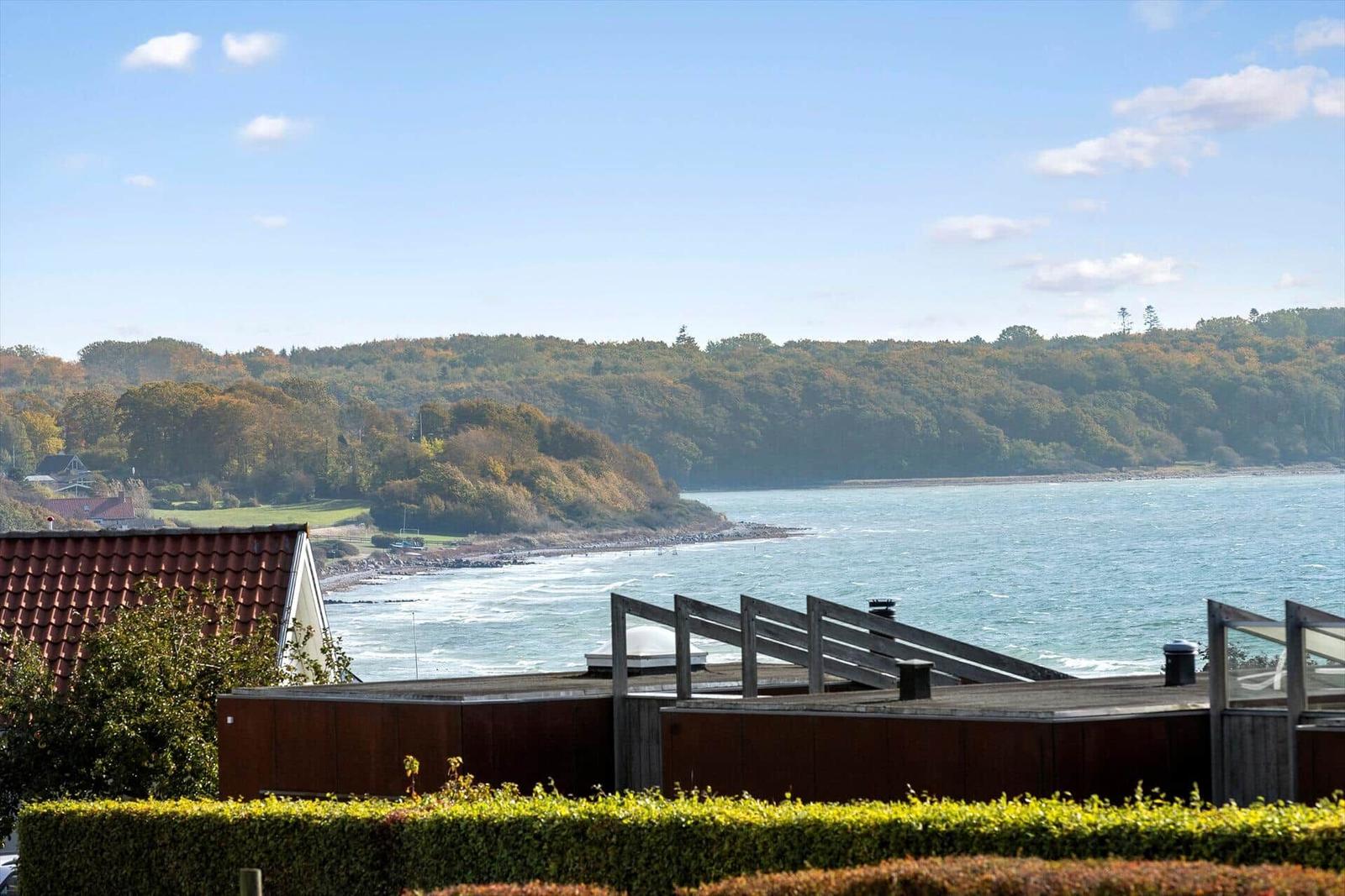 Sea view with forest and beach. Wooden terrace and green hedge.