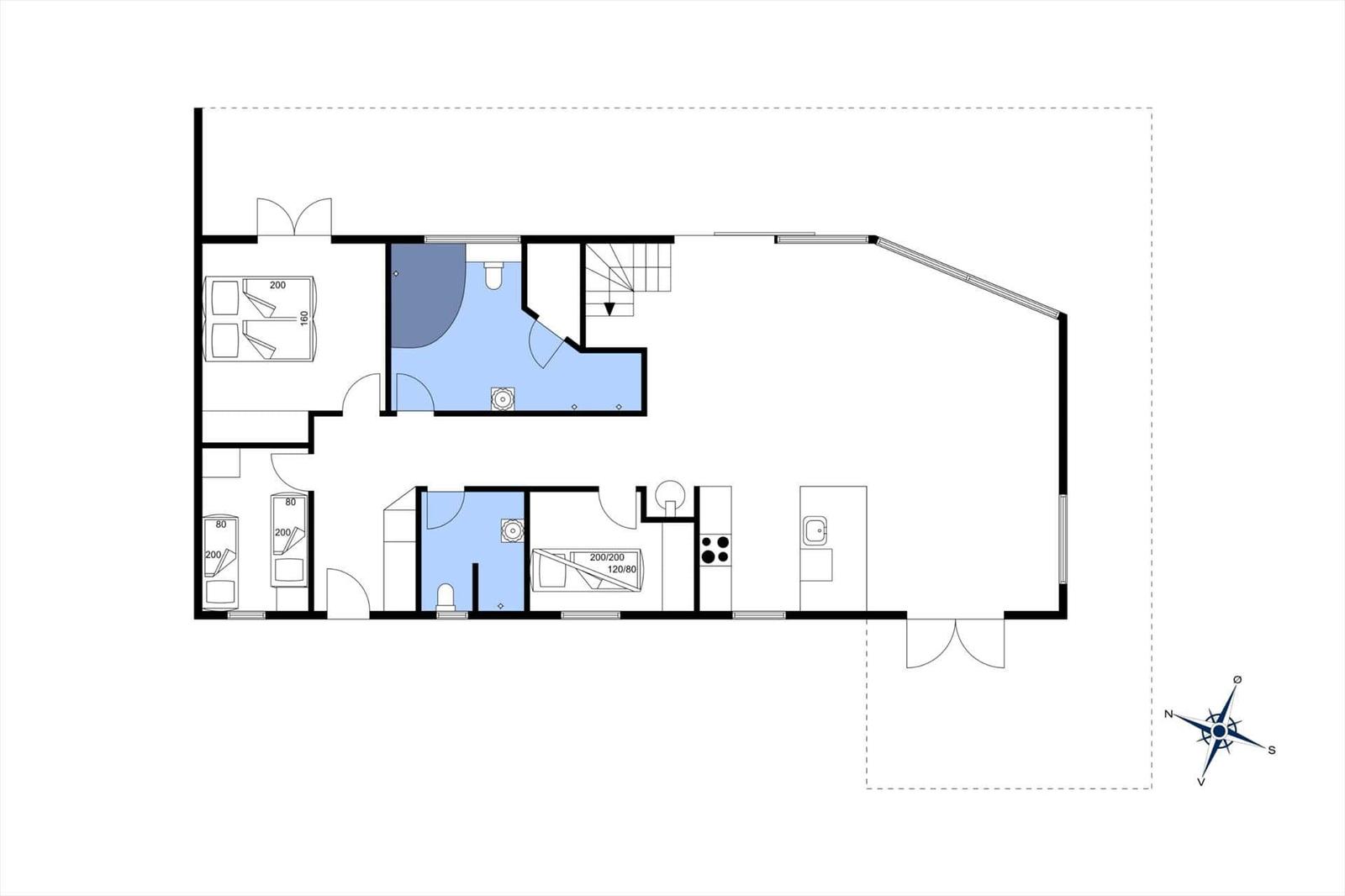 Einfache Grundrisszeichnung einer Wohnung mit Küche, Schlafzimmer und Bad.