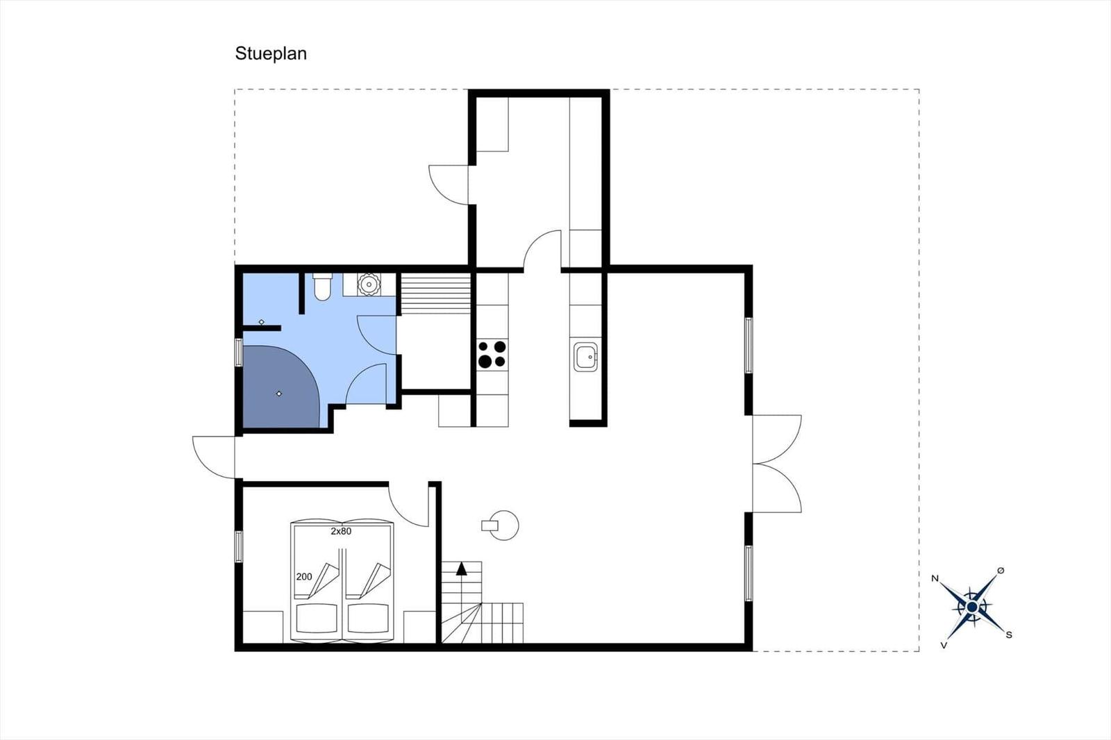 Stueplan zeigt Wohnfläche mit Küche, Bad und Schlafzimmer.