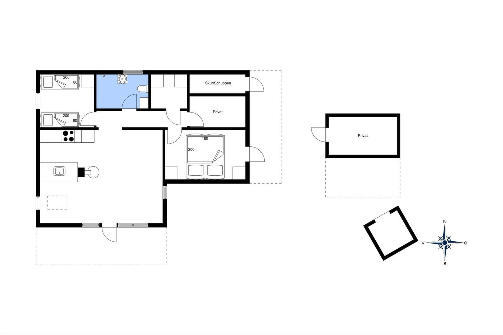 Wohnung mit Küche, Bad, Schlafzimmer und Privatbereich. Skur/Schuppen angezeigt.