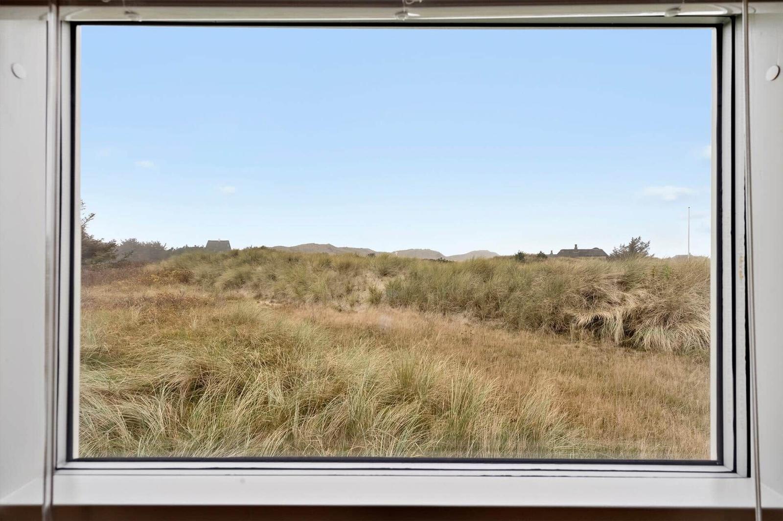 Durch das Fenster blickt man auf eine Graslandschaft mit Dünen und Häusern im Hintergrund.