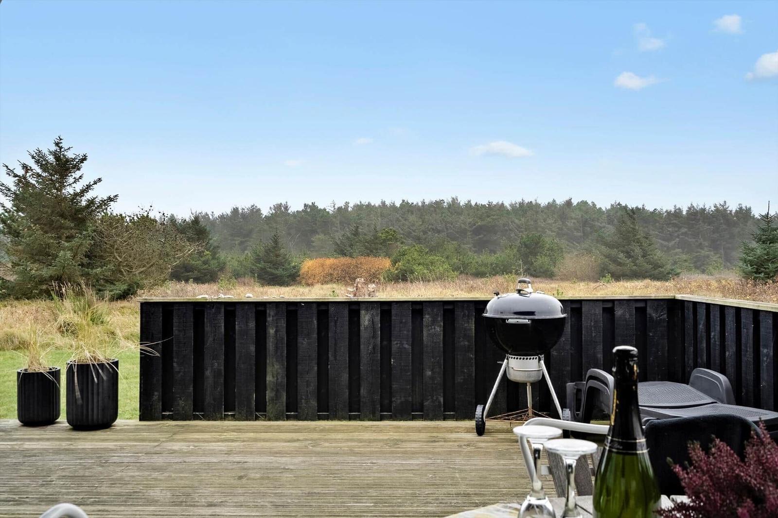 Terrasse mit Grill, Tisch und Stühlen. Hintergrund: Wald und Himmel.