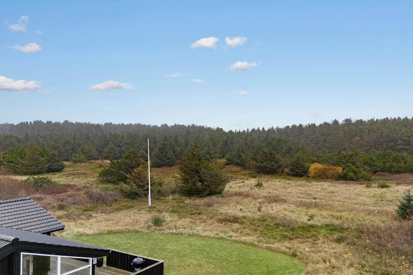 Haus mit Blick auf Wald und Wiese unter blauem Himmel.