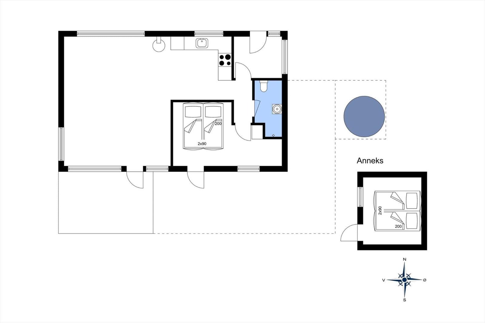Wohnung mit Schlafzimmer, Küche und Bad. Anhang mit Schlafzimmer.
