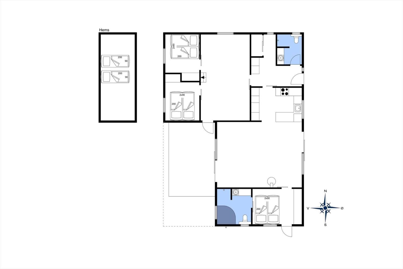 This house has three bedrooms, a kitchen, and two bathrooms.