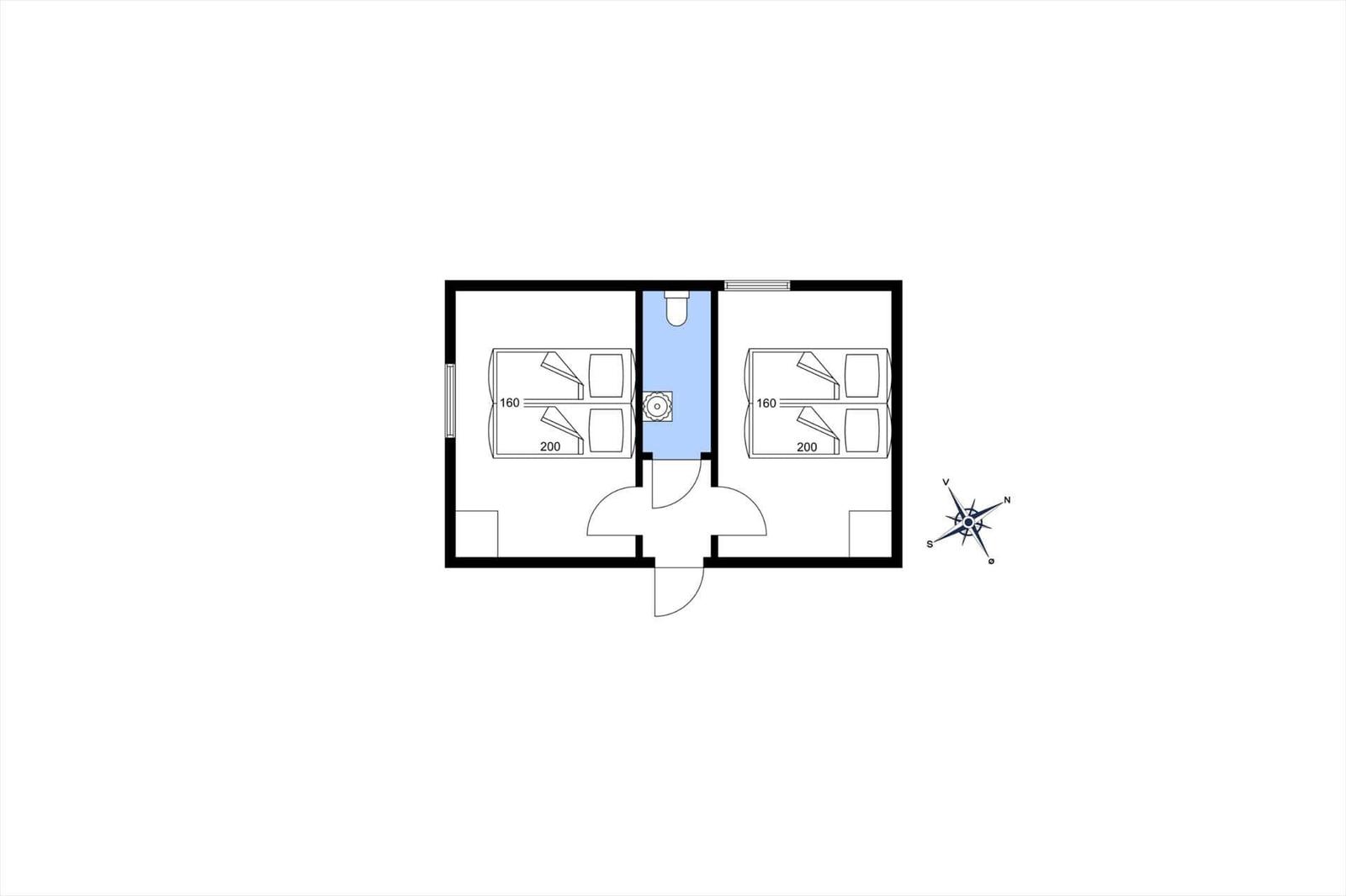 Zwei Schlafzimmer mit Bad und Flur. Raumplan mit Orientierung. 