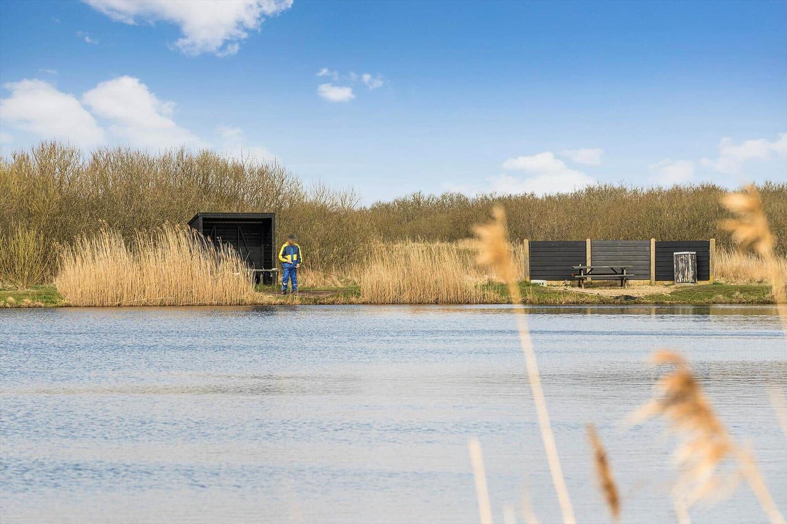 Ein Angler steht am Ufer eines Sees mit Binsen und einem Holzsteg.