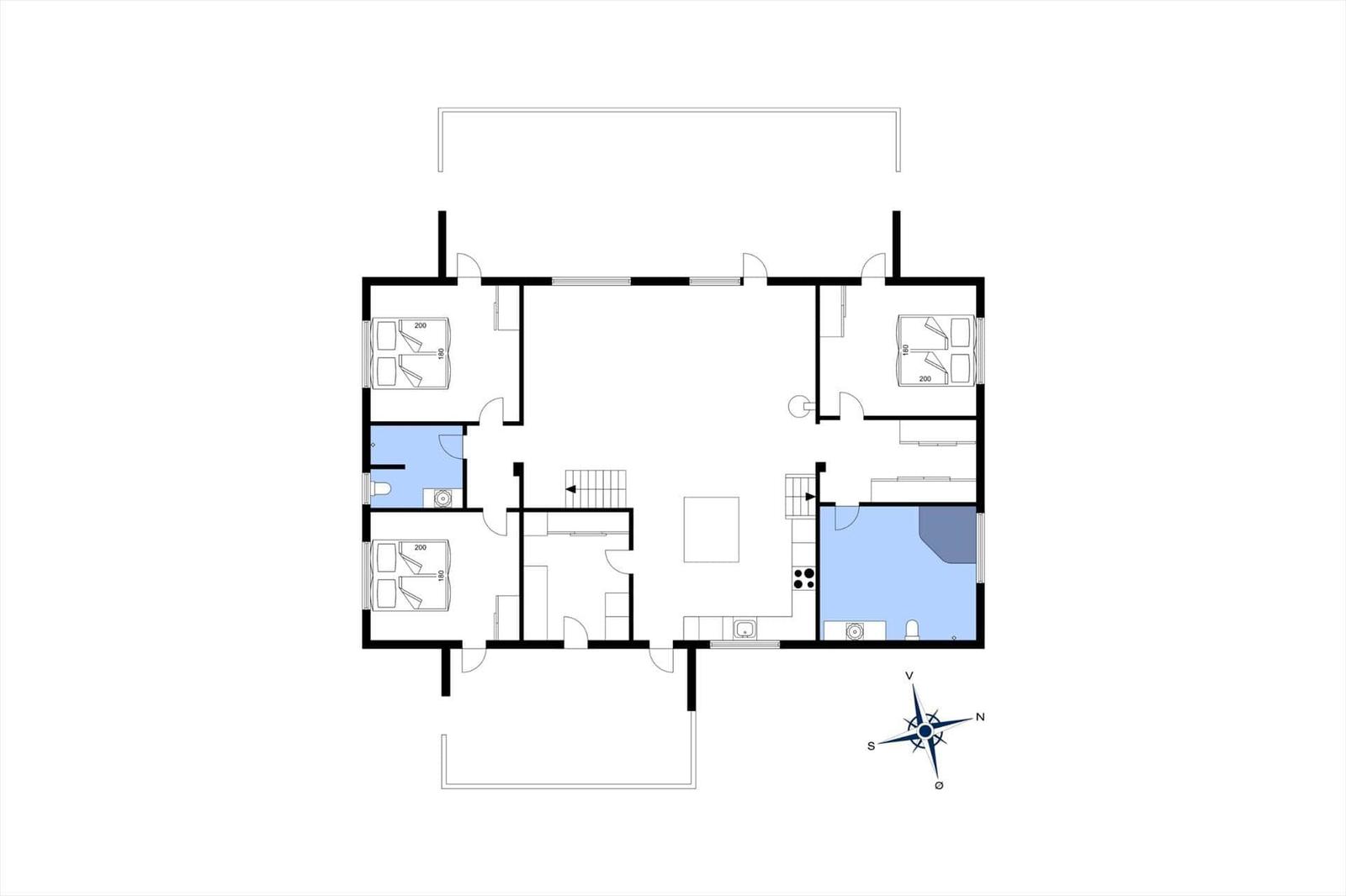 Functional floor plan with three bedrooms, kitchen, and bathroom.