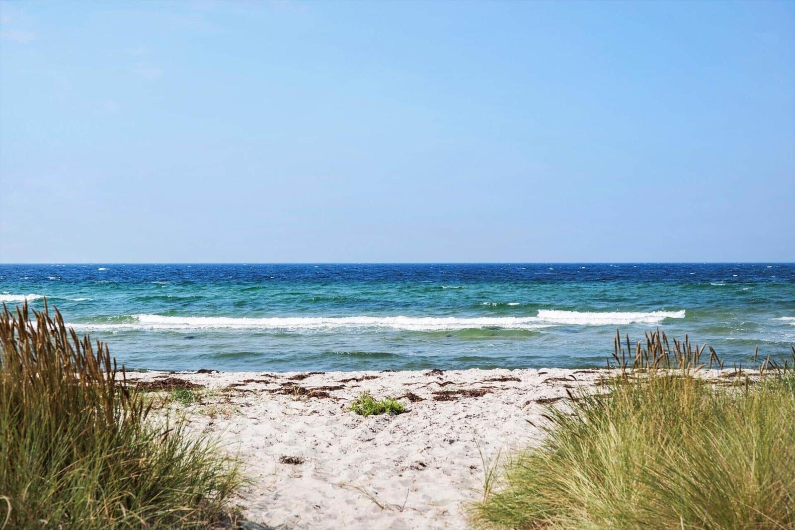 Strand mit Sand und Gras, Blick auf das Meer unter blauem Himmel.