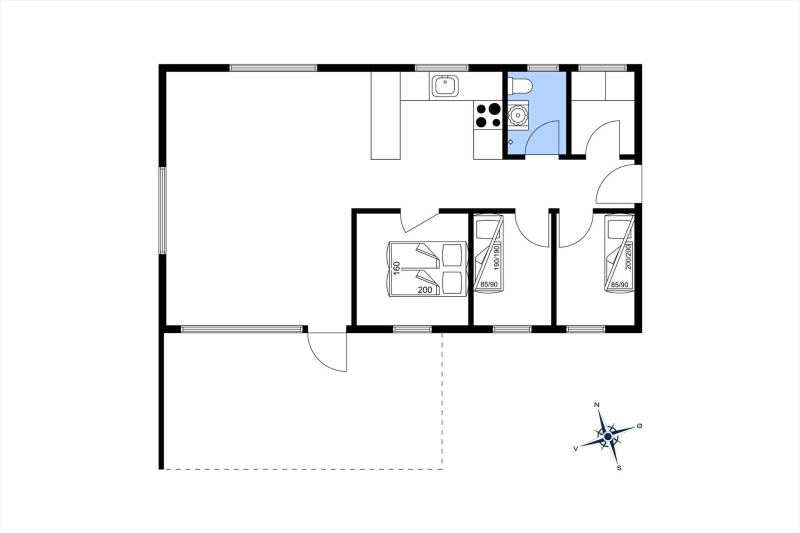 Wohnung mit Küche, Bad und zwei Schlafzimmern. Raumplan mit Maßangaben.