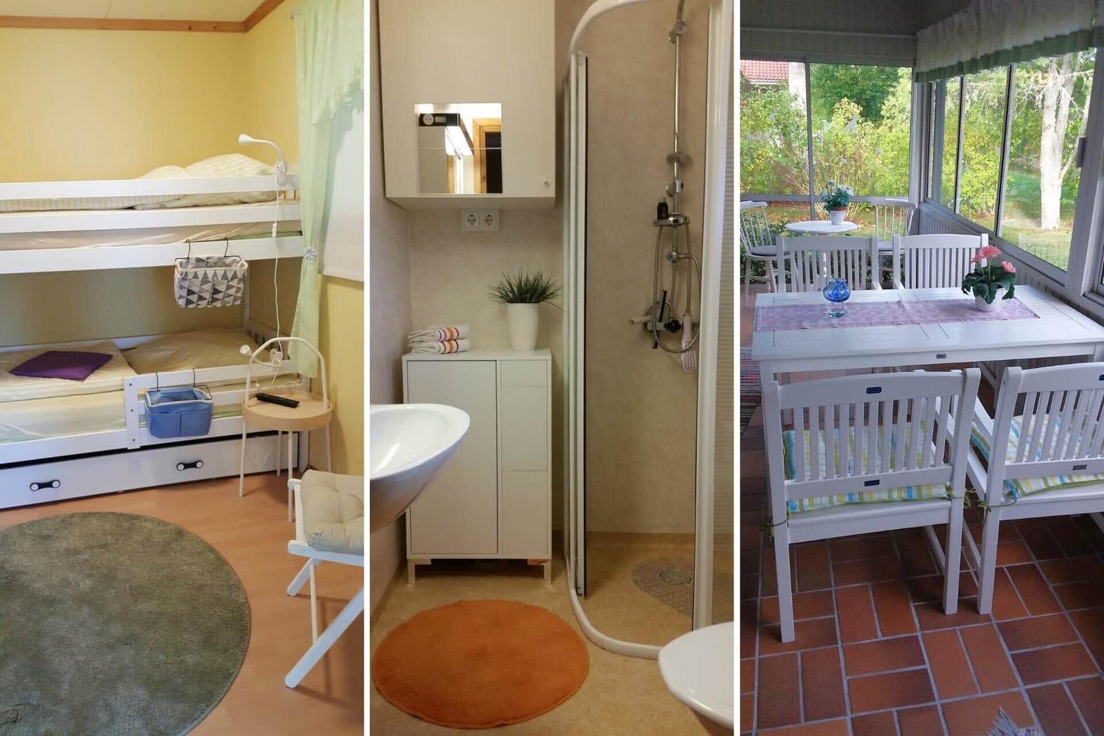 Zimmer mit Doppelstockbett, Badezimmer mit Dusche und Essbereich mit Tisch und Stühlen.