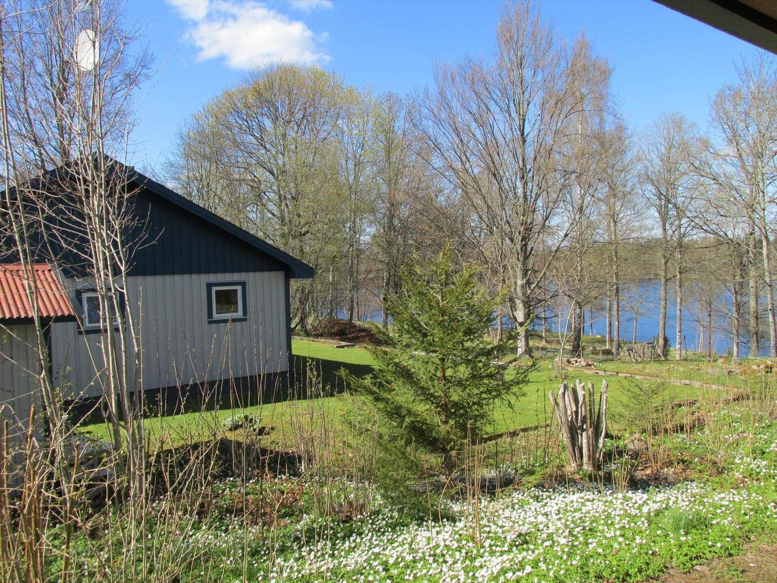 Haus mit Blick auf einen See, umgeben von Bäumen und Grünflächen.
