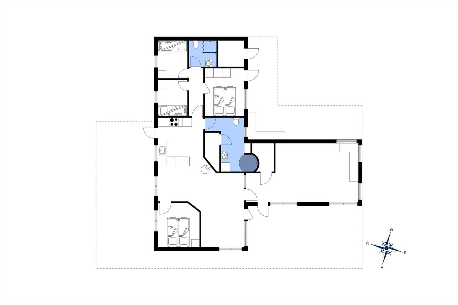 Flurplan mit Schlafzimmern, Bad und Küche.