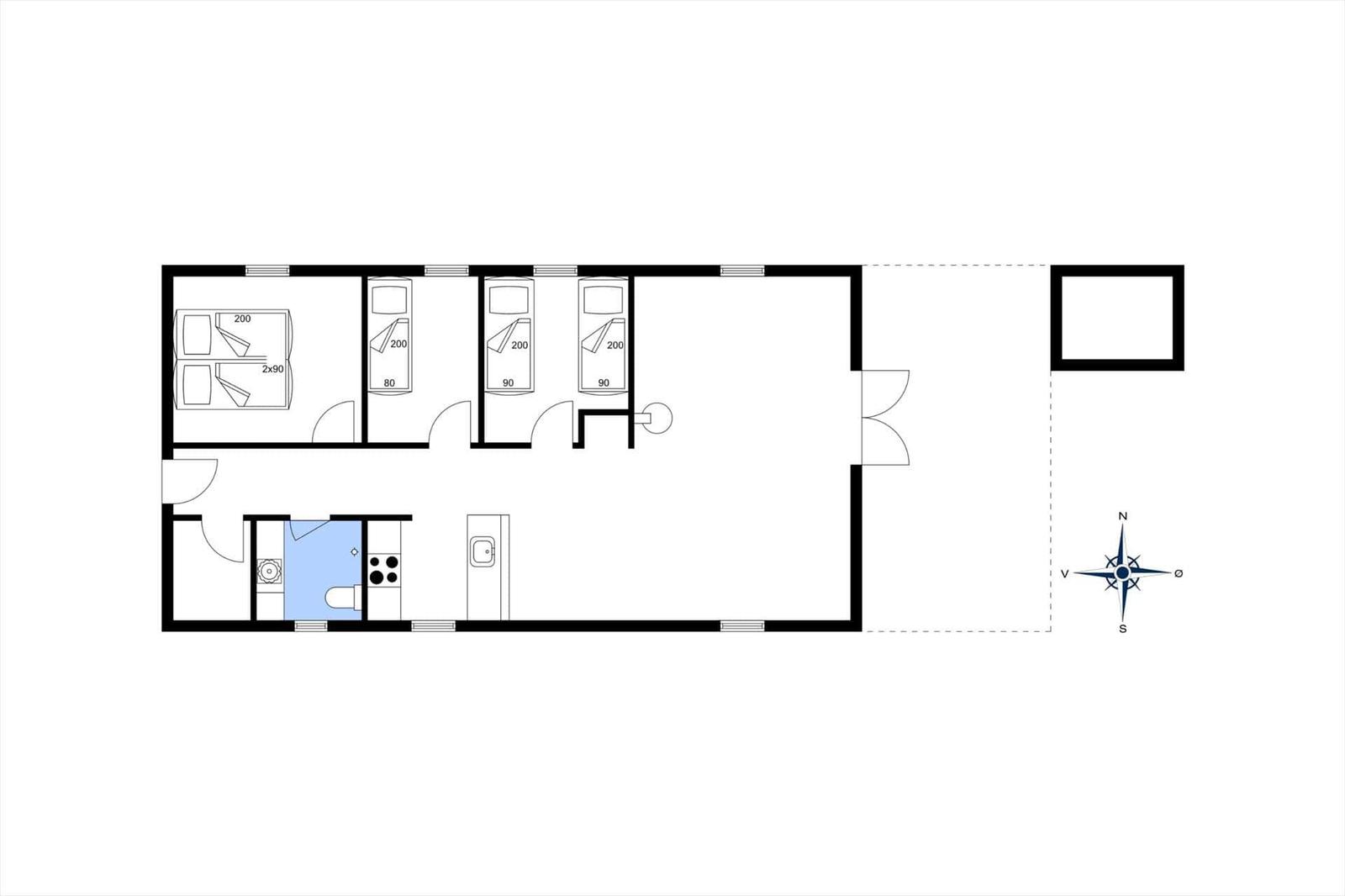 Gesamtplan mit Schlafzimmer, Küche und Bad.