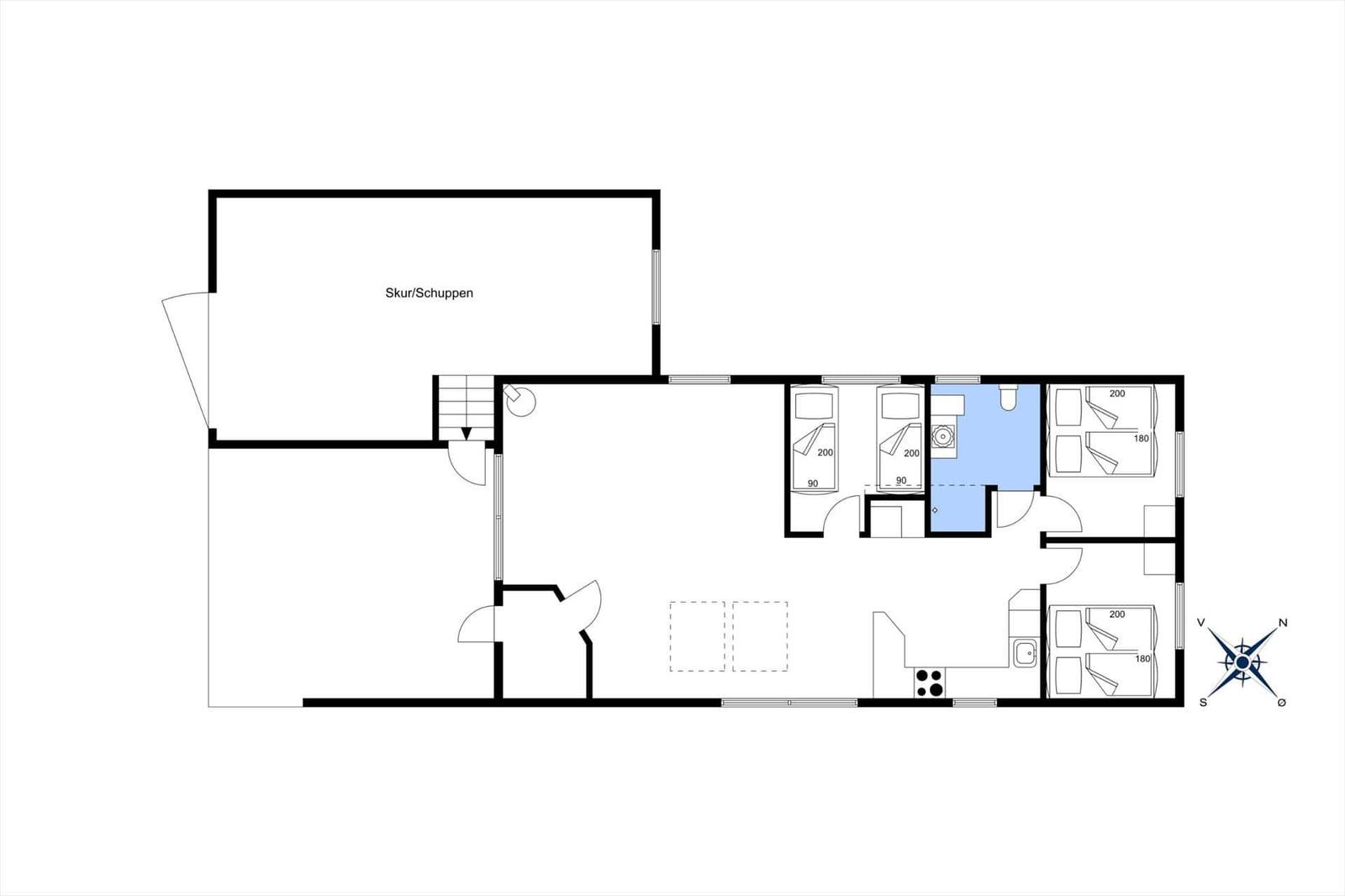 Single-family home floor plan with bedrooms, kitchen, and bathroom.