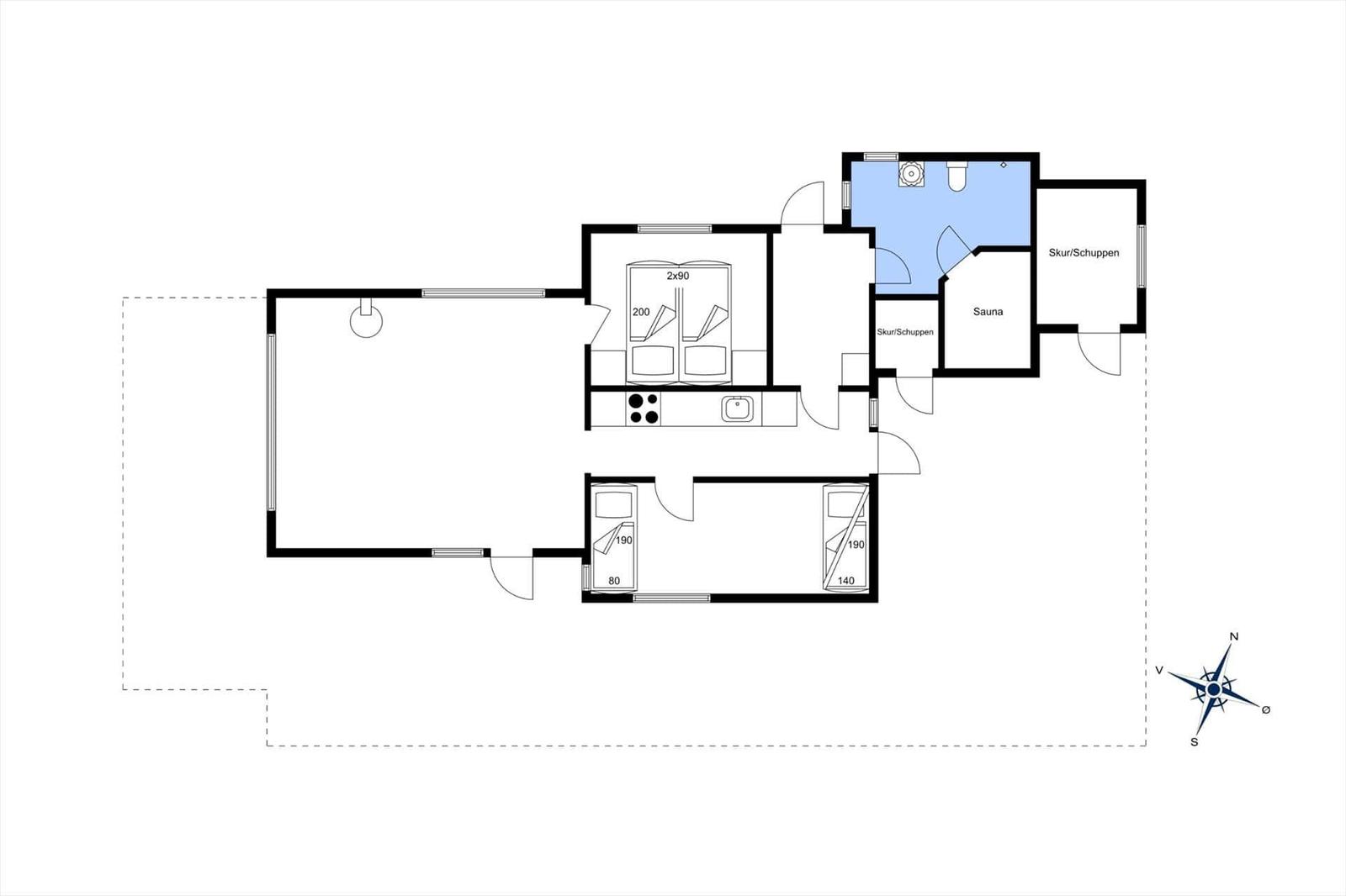 Wohnung mit Küche, Schlafzimmer, Bad und Sauna.