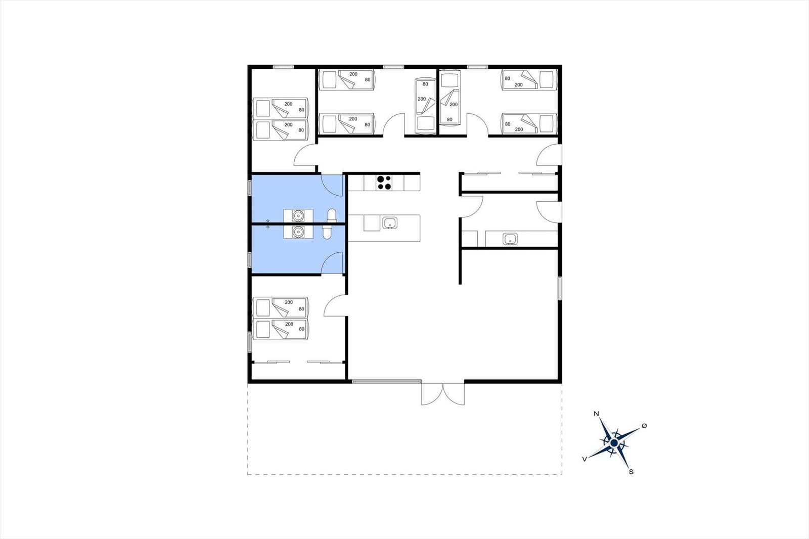 Apartment with kitchen, bathroom, and multiple bedrooms.