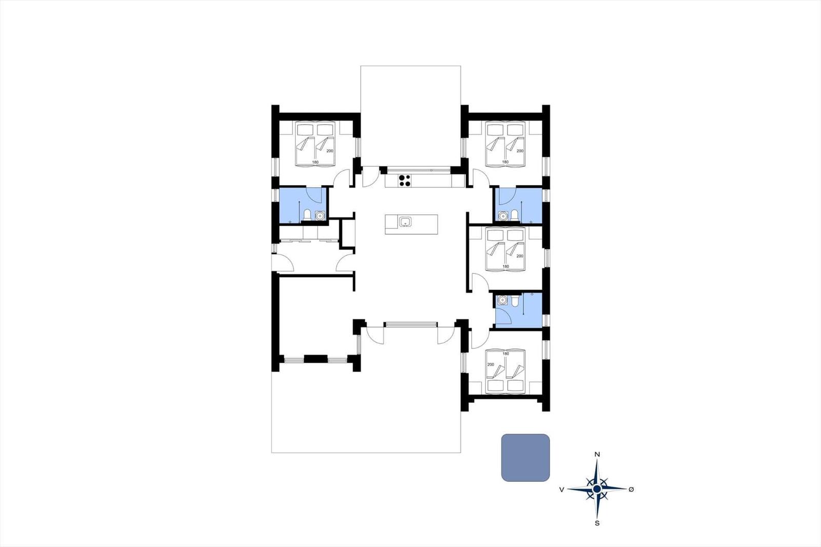 This house has three bedrooms, a kitchen, and two bathrooms.
