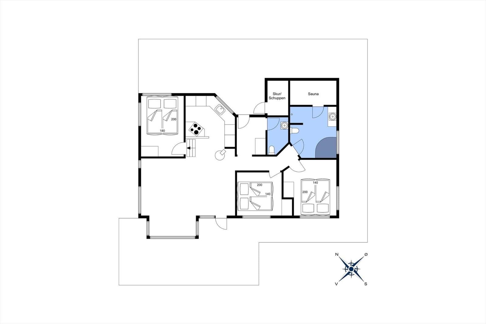 Dieses Haus hat zwei Schlafzimmer, eine Küche, eine Sauna und einen Schuppen.