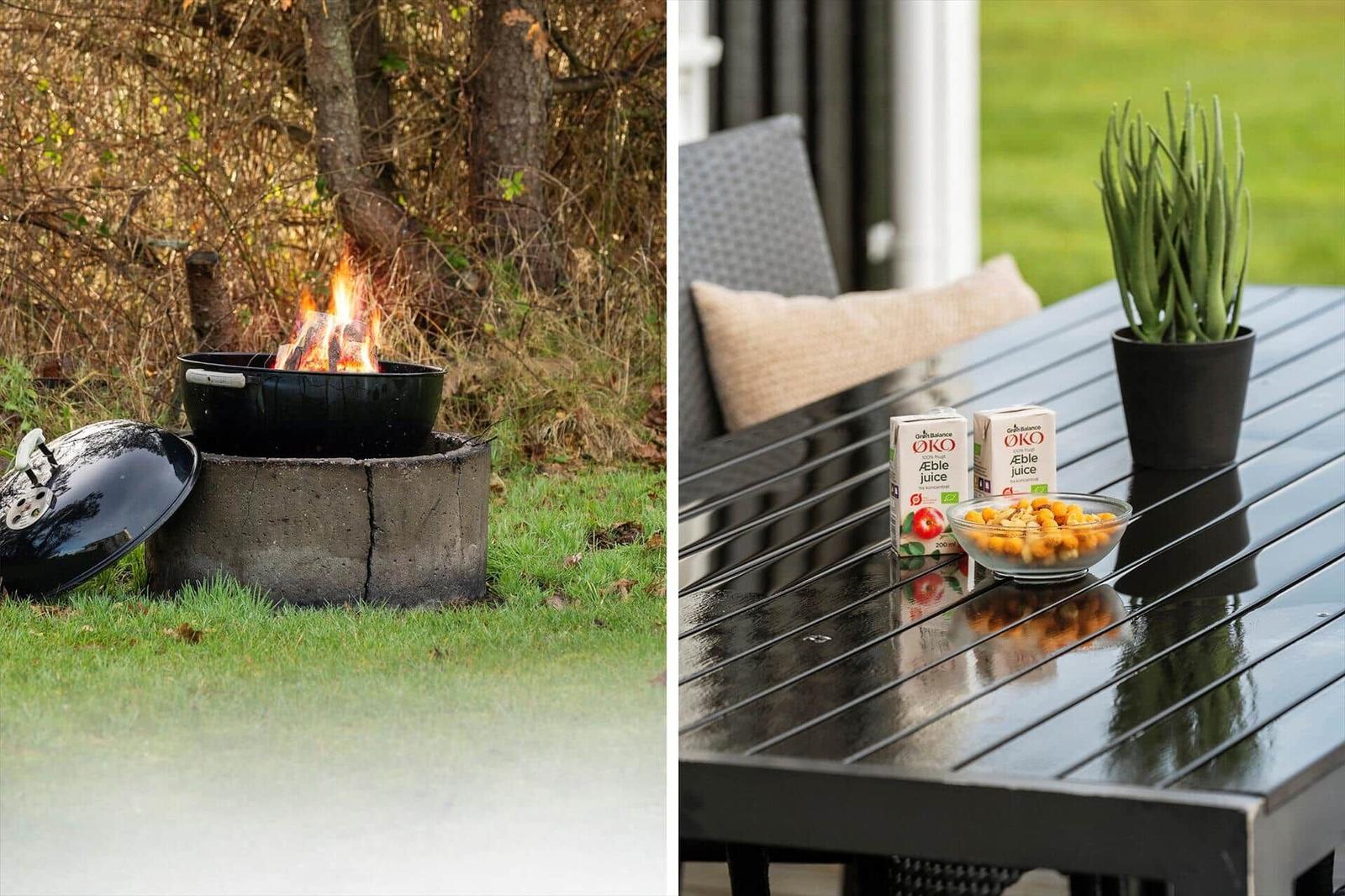 Außenbereich mit Grill und Tisch mit Getränken und Pflanze.