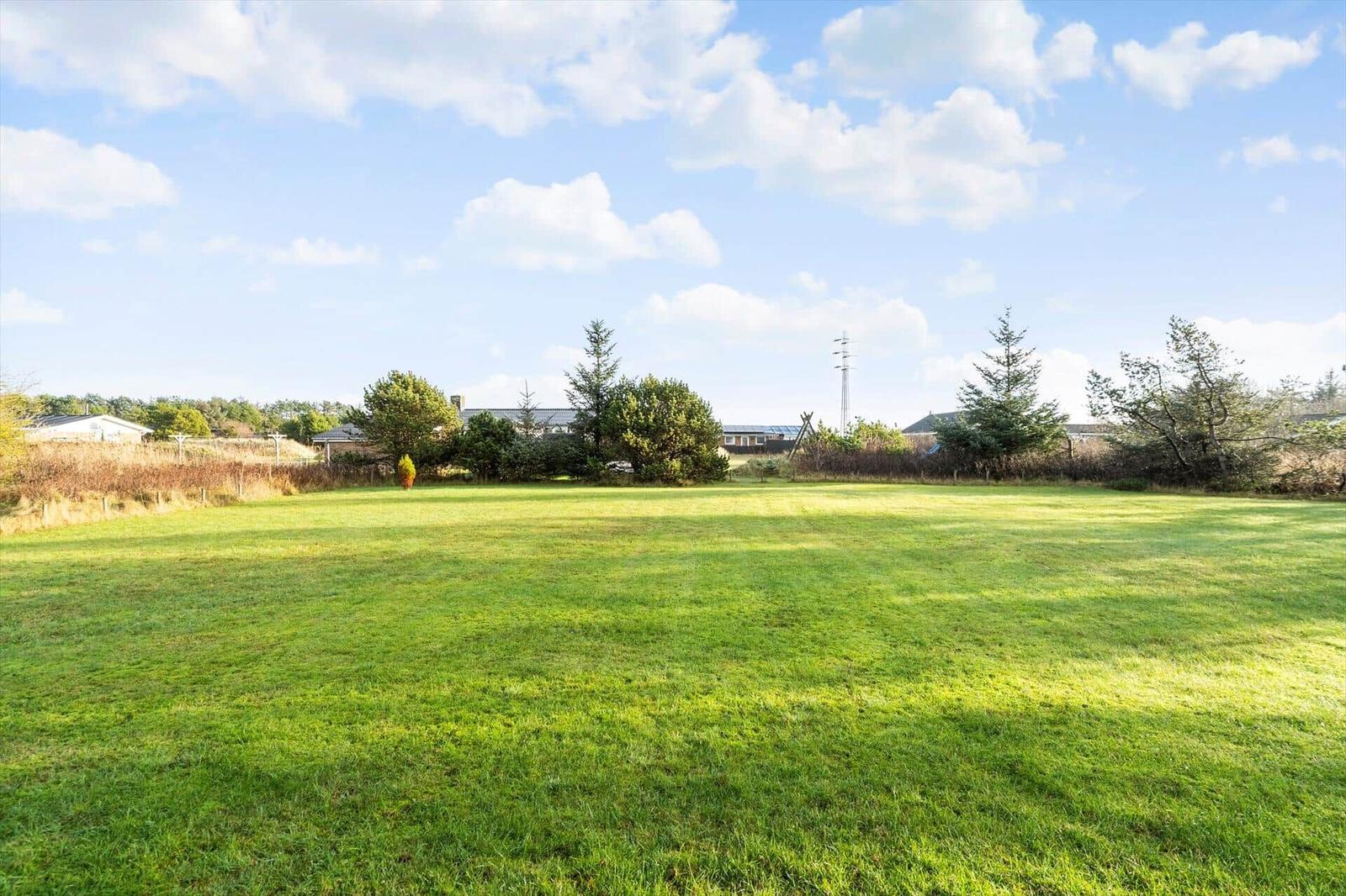 Großes grünes Grasfeld mit Bäumen und Häusern im Hintergrund unter blauem Himmel.