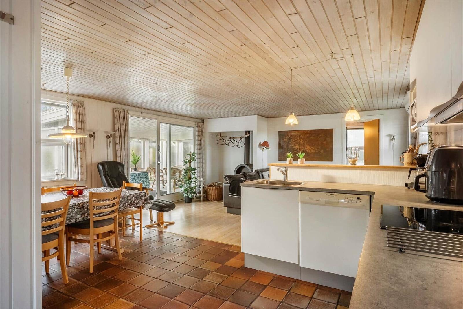 Küche mit Essbereich und Wohnbereich mit Holzdecke und Terrassentür.