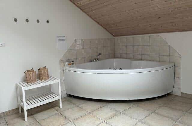 Shower with bathtub and showerhead. Wooden ceiling and tiled floor.
