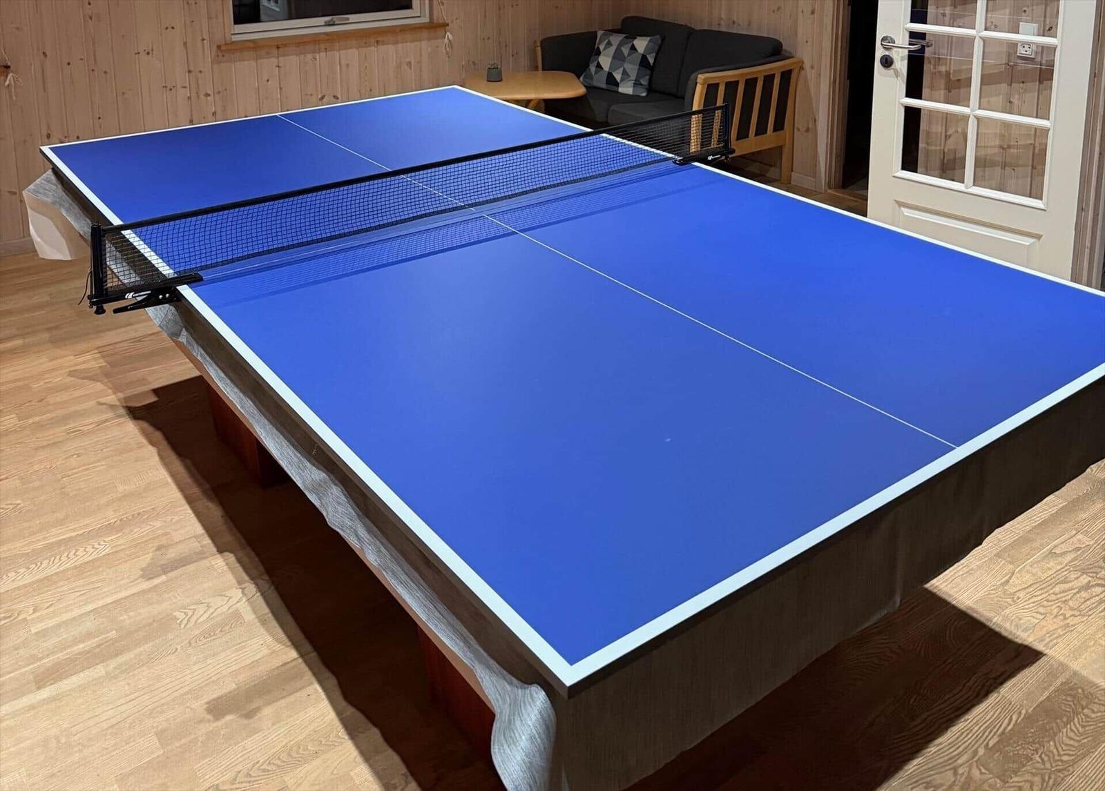 Blue ping pong table with net in a room with wooden floor and sofa.