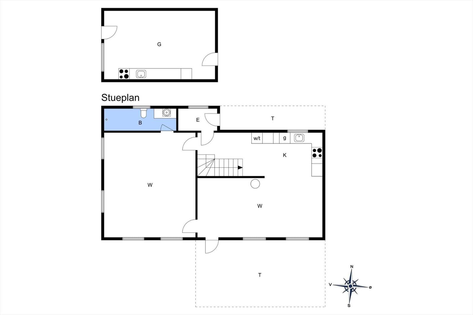 Ground floor plan with kitchen, bathroom, and stairwell.