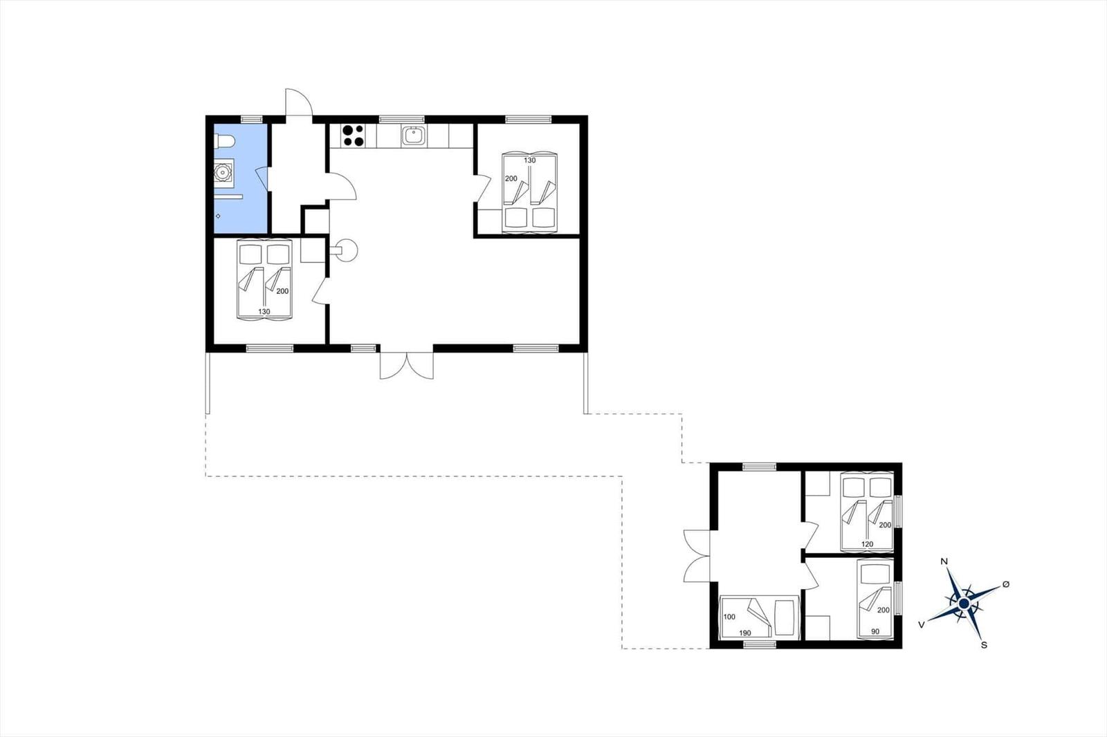 Zwei Schlafzimmer, Küche und Bad im Grundriss. 