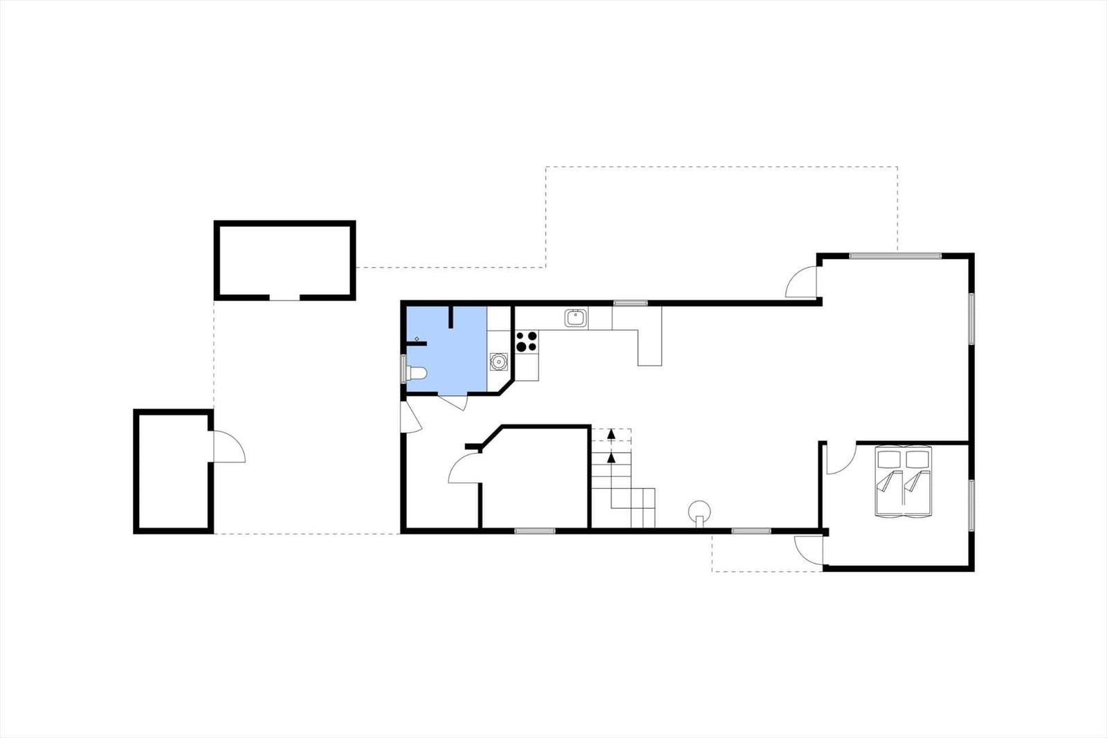 Einfamilienhaus mit Küche, Bad und Schlafzimmer. Treppenhaus führt in den Obergeschoss.