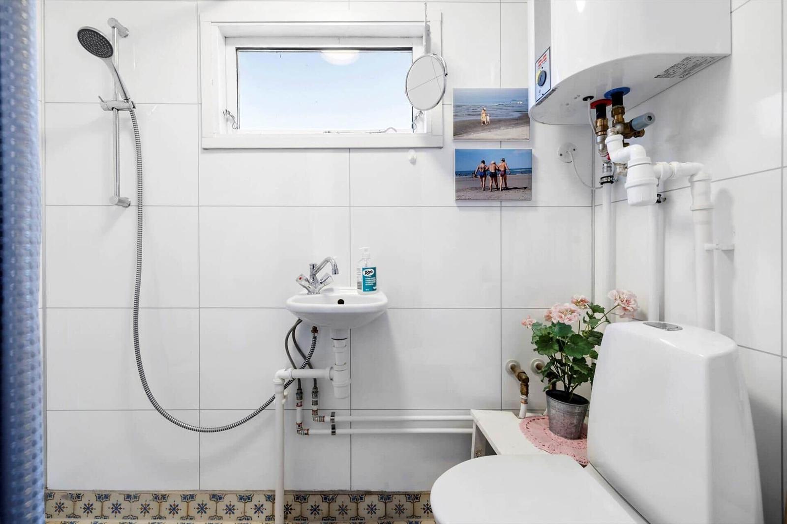 Badezimmer mit Dusche, Waschbecken und Toilette. Fenster, Bilder und Pflanze sind sichtbar.