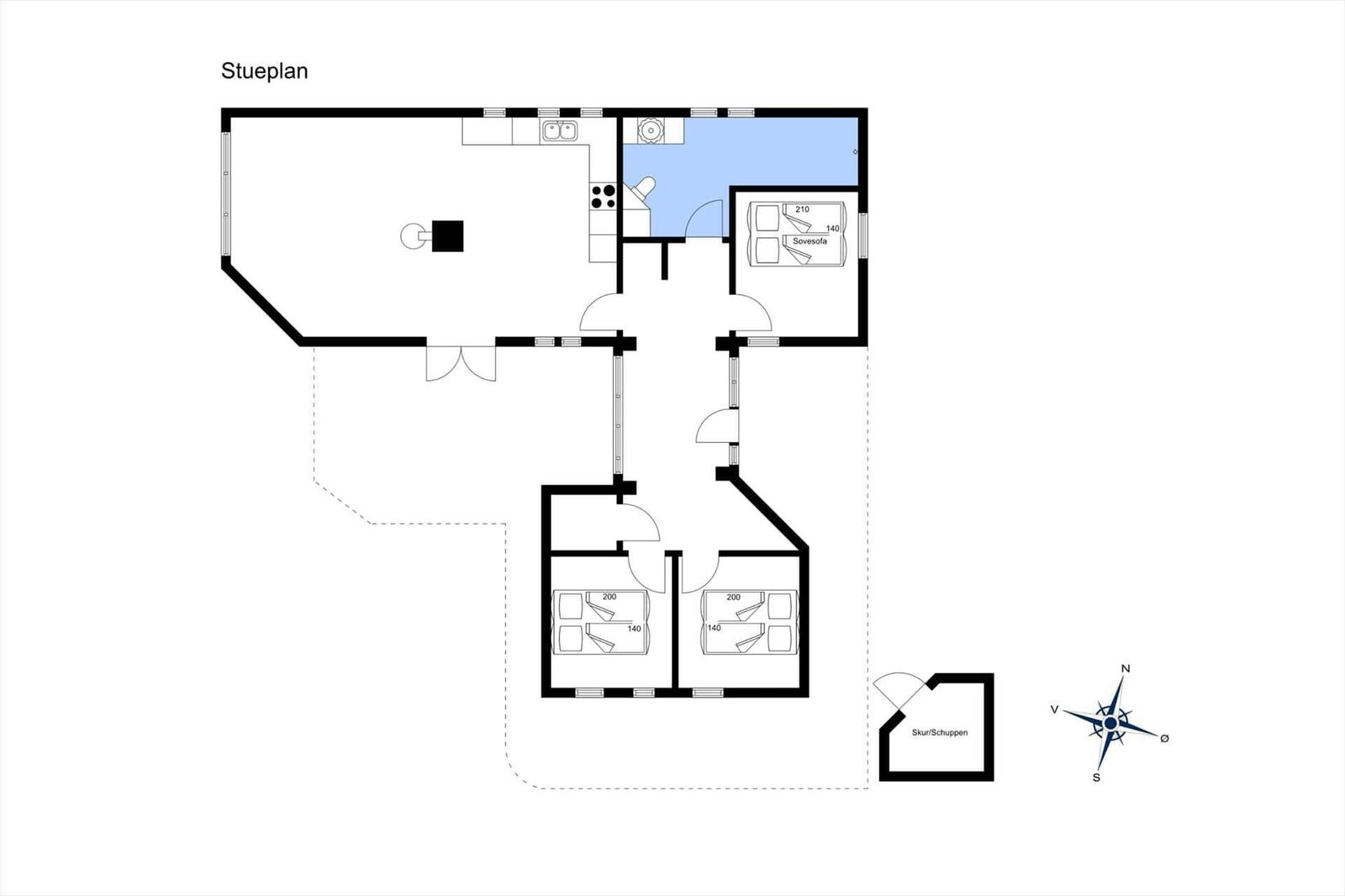 Stueplan zeigt Küche, Schlafzimmer und Bad mit Möbeln.