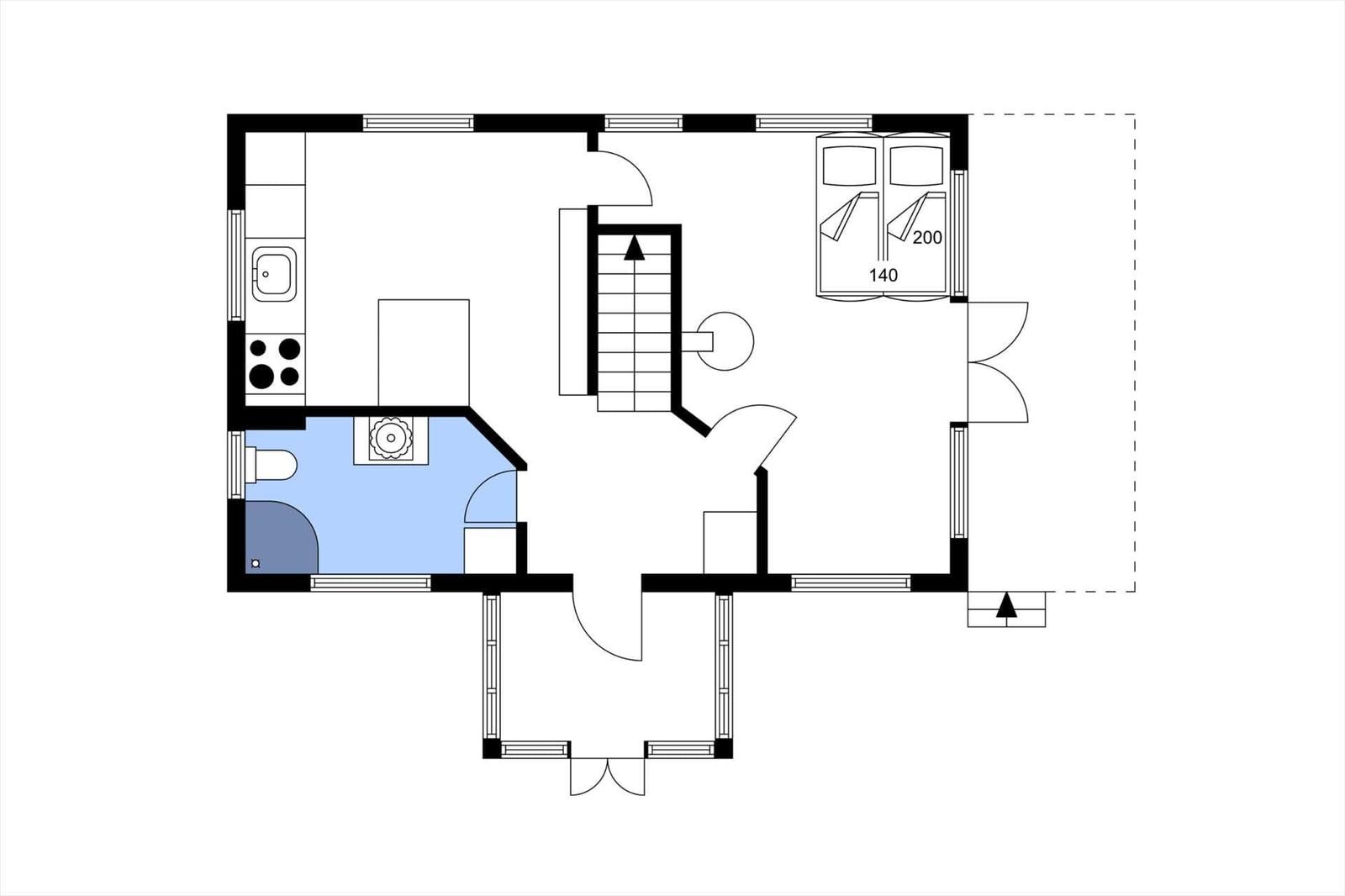 Geschossplan mit Küche, Bad, Treppenhaus und Schlafzimmer