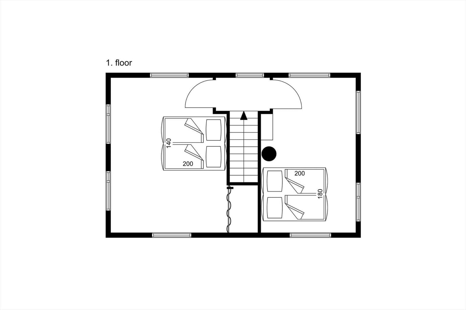 Erdgeschossplan mit zwei Schlafzimmern und Treppe zur oberen Etage.