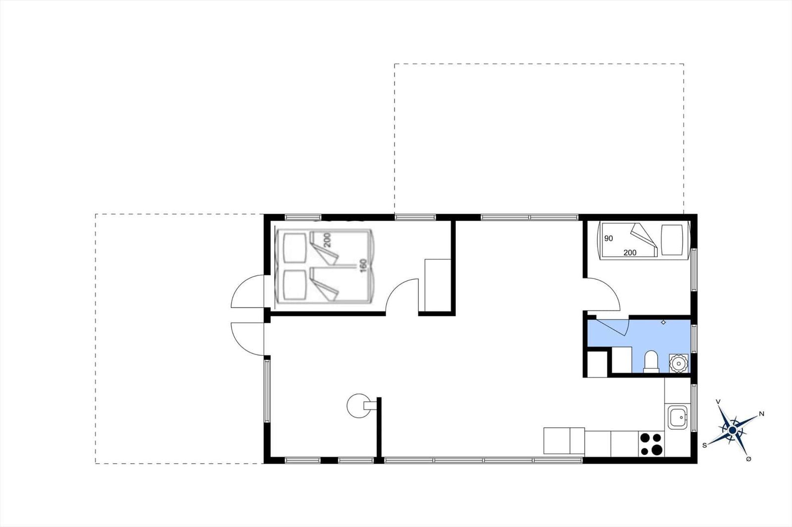 Apartment with bedroom, kitchen, and bathroom. Room layout with measurements.
