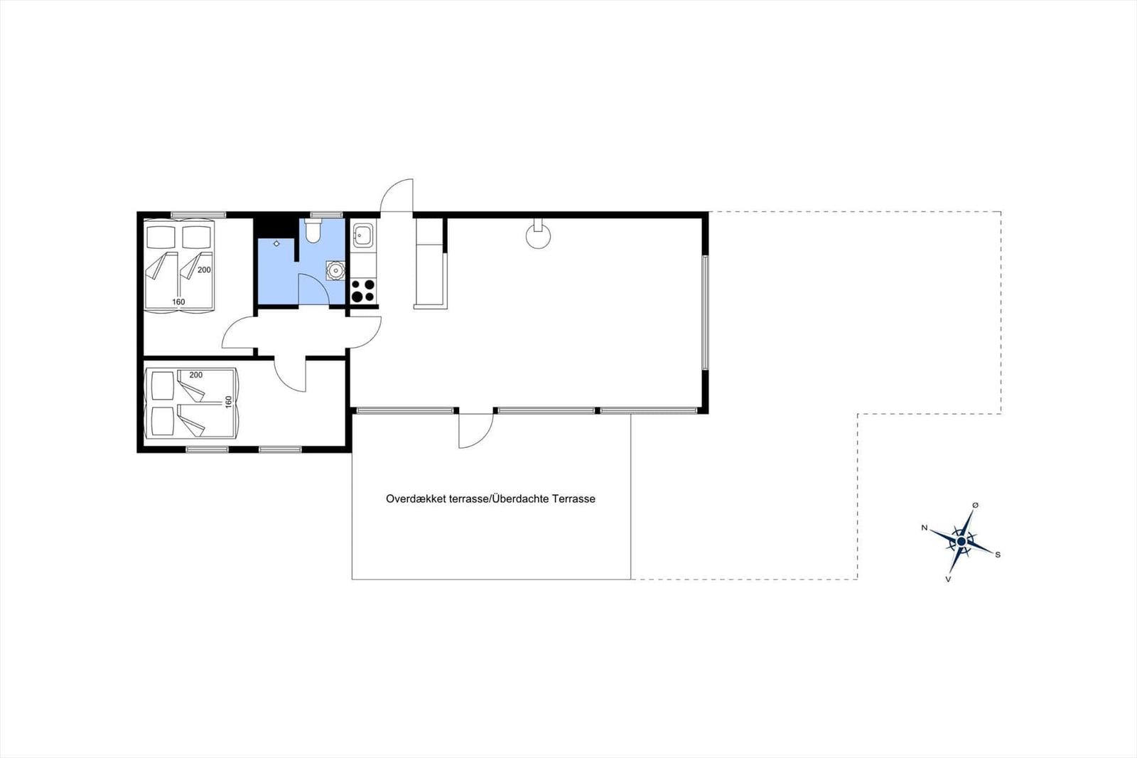 Two bedrooms, kitchen, bathroom, and covered terrace.