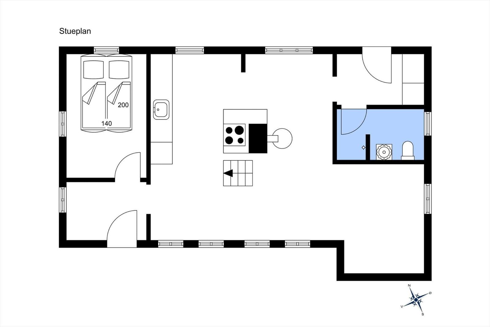 Stueplan zeigt Schlafzimmer, Küche und Badezimmer mit Maßen.