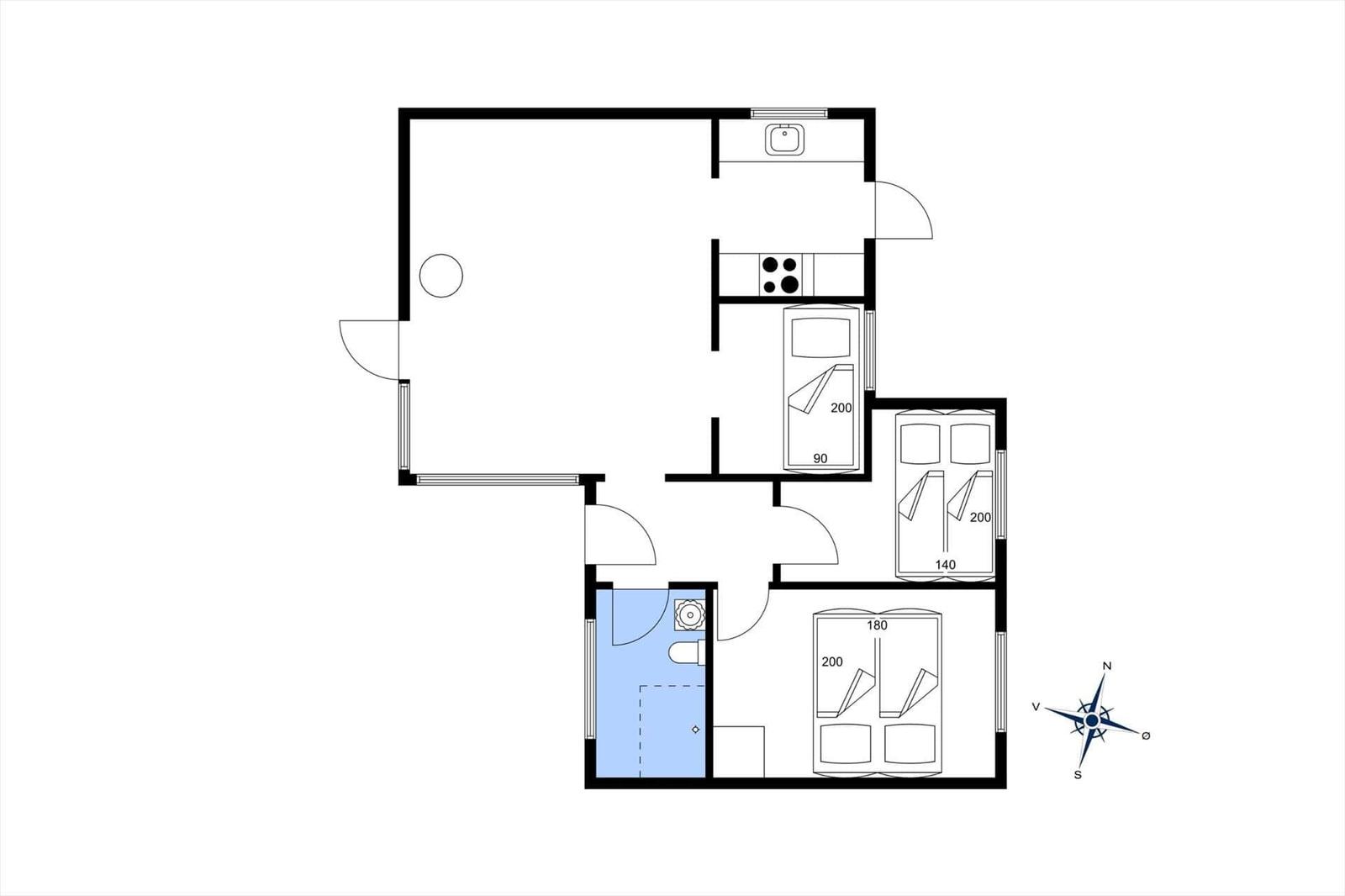 Wohnung mit drei Schlafzimmern, Küche und Bad. Raumangaben in Quadratmetern.
