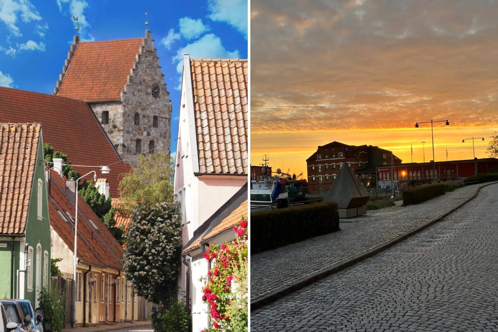 Altstadt mit Kirche und gepflasterte Straße mit Hafen bei Sonnenuntergang.
