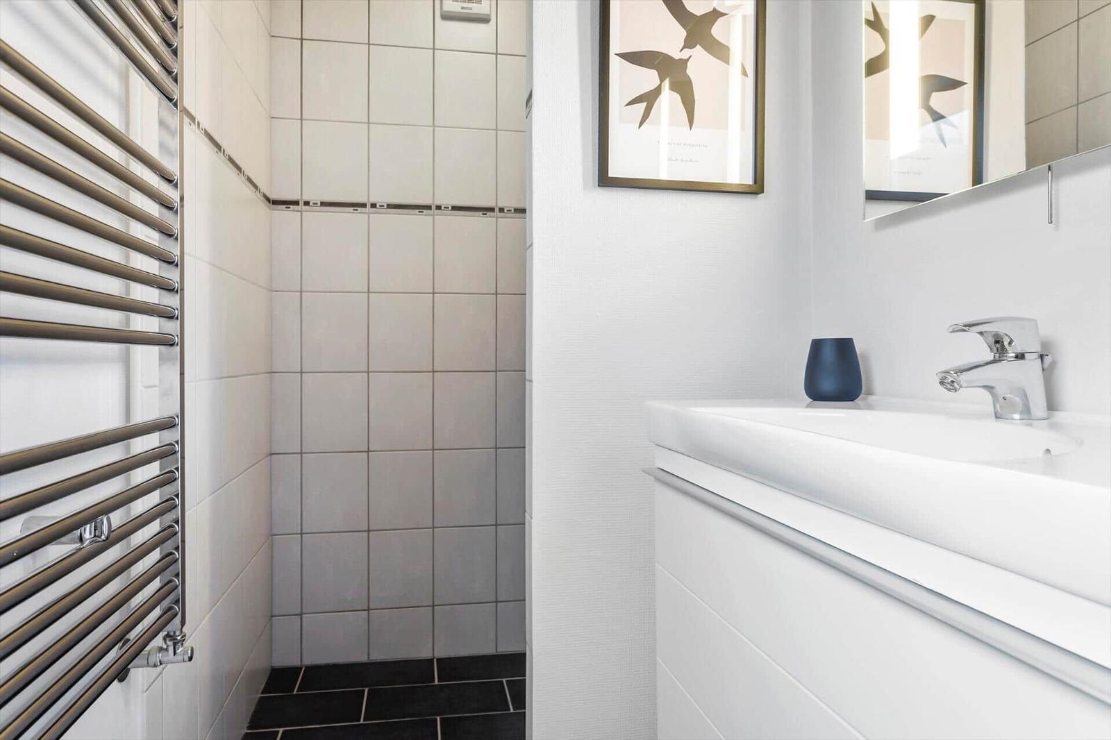 Badezimmer mit Dusche, Waschbecken und Heizkörper