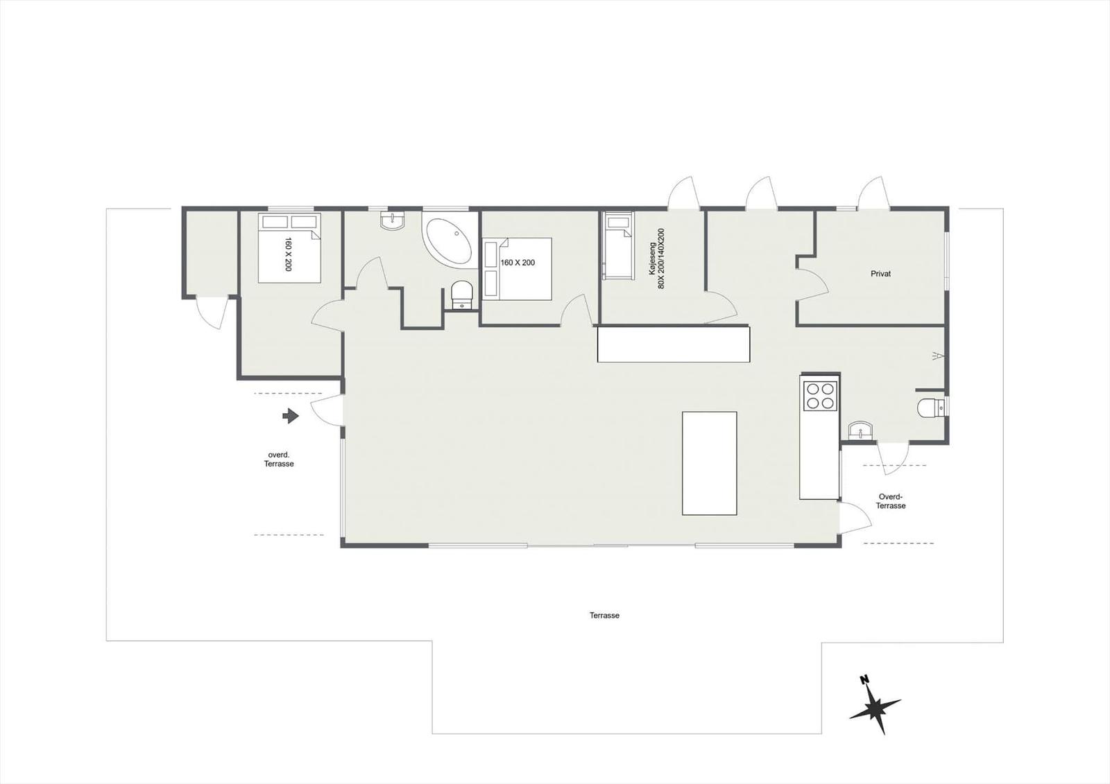Wohnung mit zwei Schlafzimmern, Bad, Küche und Terrasse.