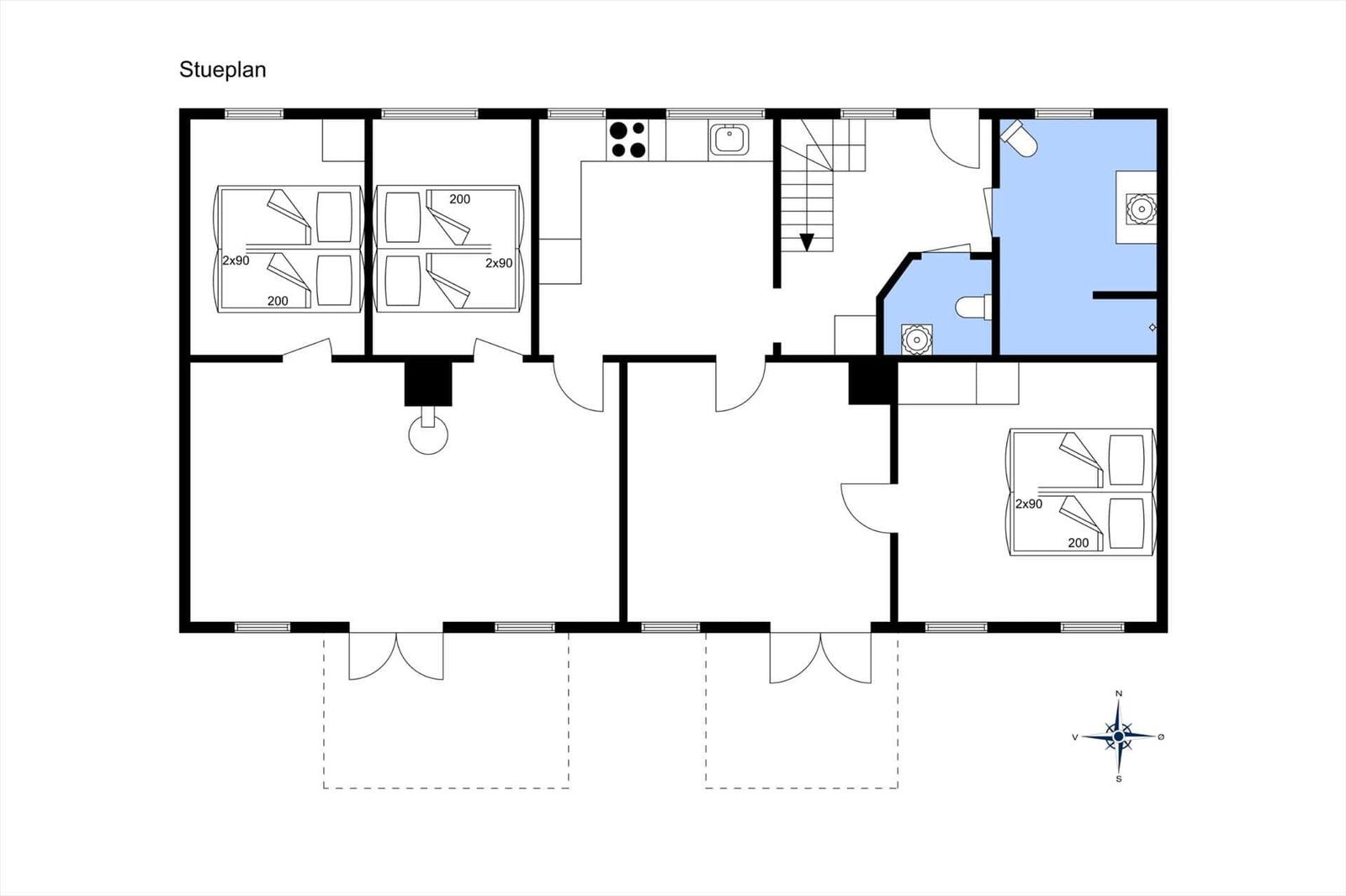 Stockwerkplan zeigt drei Schlafzimmer, Küche, Bad und Aufgang.