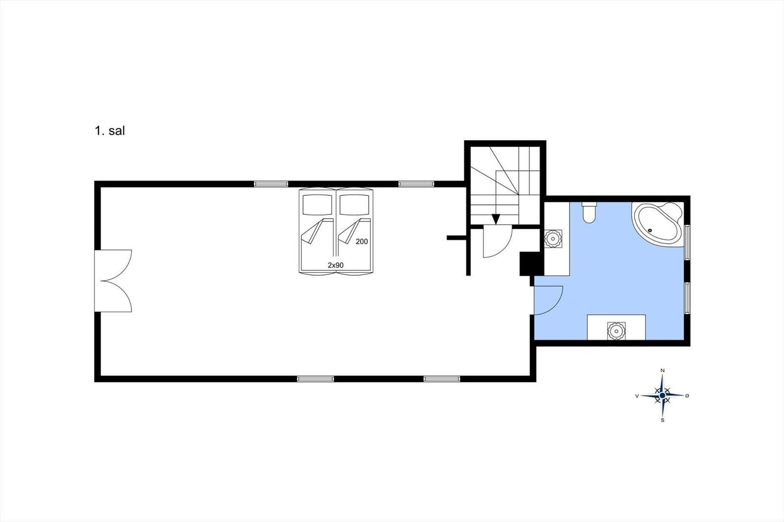 Erster Stock mit Schlafzimmer, Bad und Treppe zur Untergeschoß.