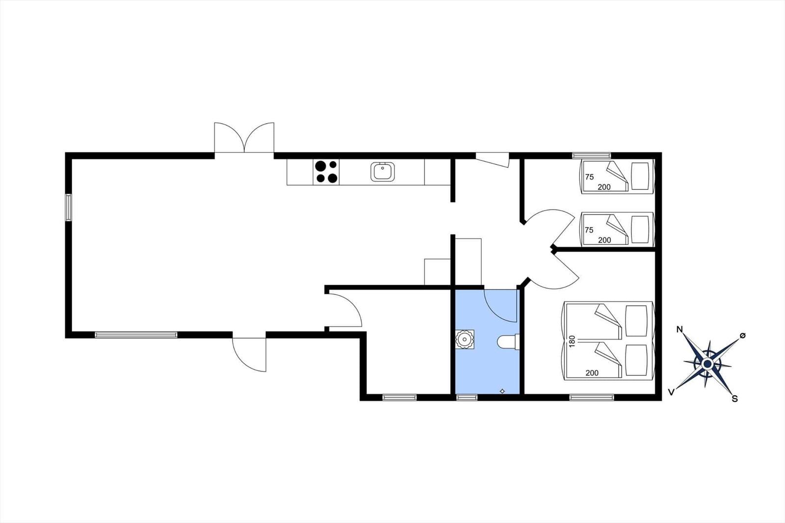 Apartment with kitchen, bathroom, and three bedrooms with beds.