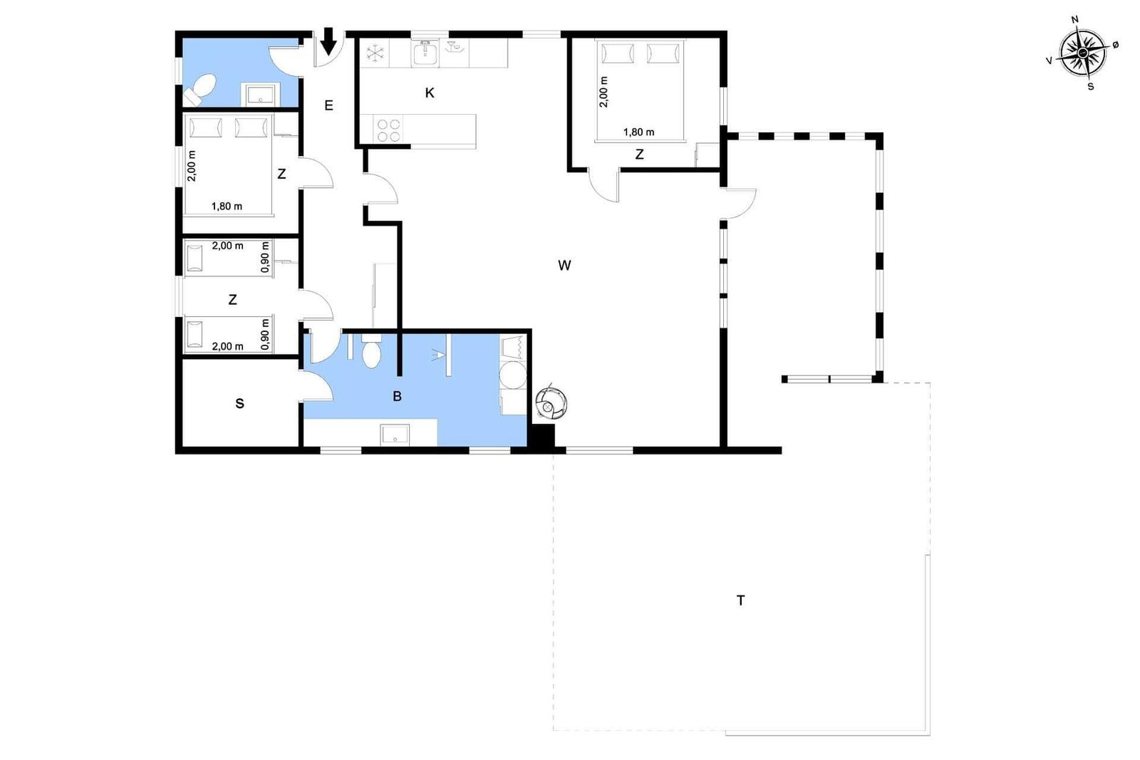 Apartment with kitchen, bathroom, three bedrooms, and living area.