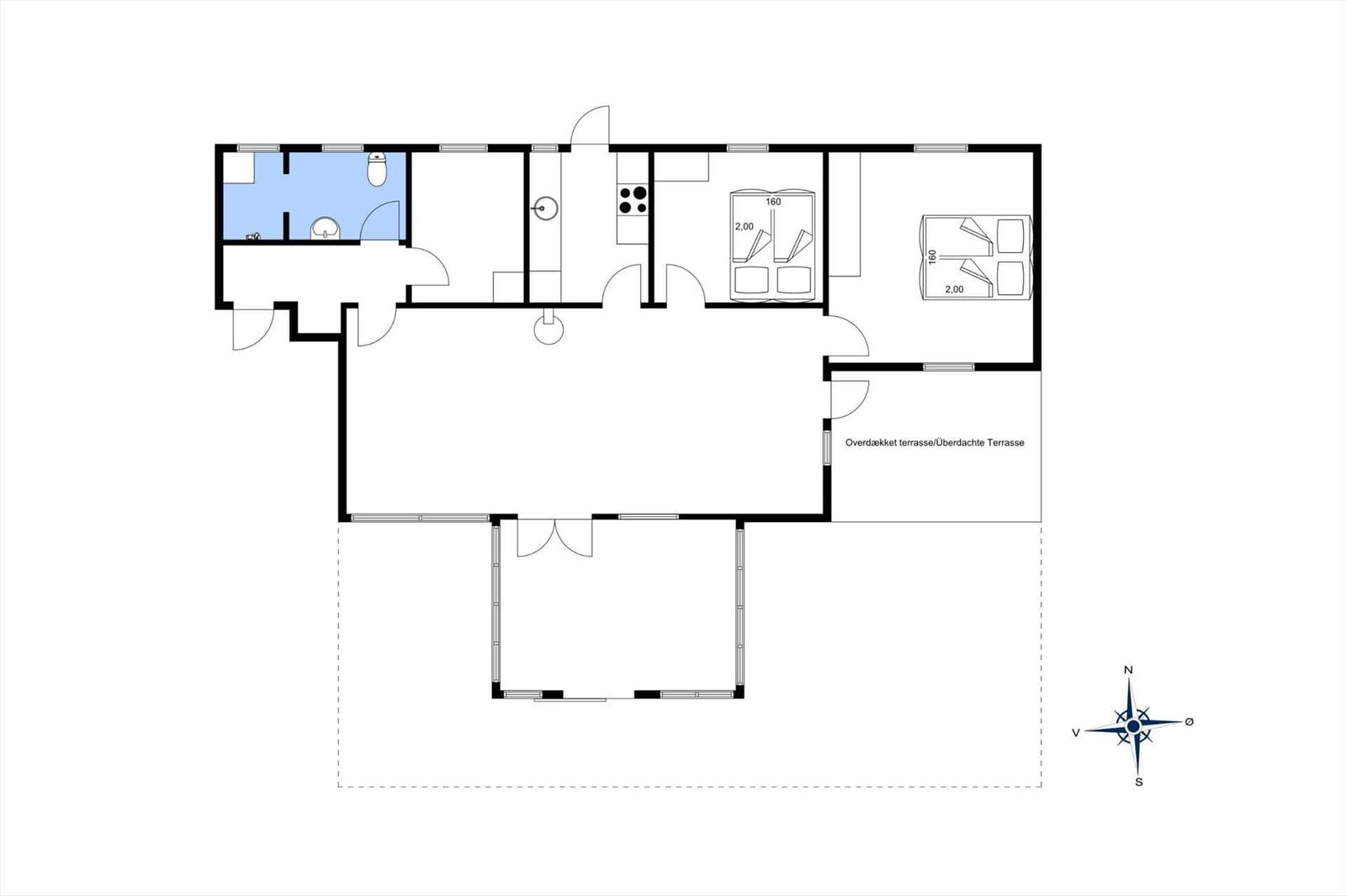 Apartment with two bedrooms, kitchen, bathroom, and covered terrace.
