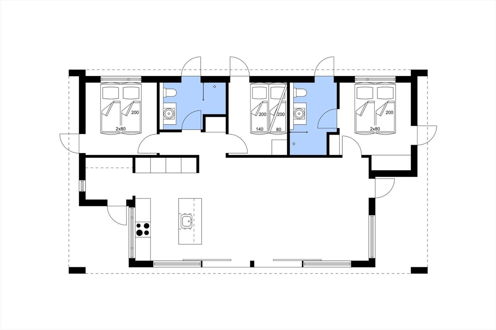 Drei Schlafzimmer mit Bad und Küche im Grundriss.